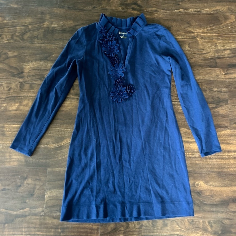 Lilly Pulitzer Long Sleeve Clary Polo Dress Floral Applique Size Small Navy Blue